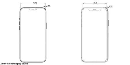「ノッチ」のサイズが異なる、iPhone 12 Pro Max と iPhone 11 Pro Max の概略図。