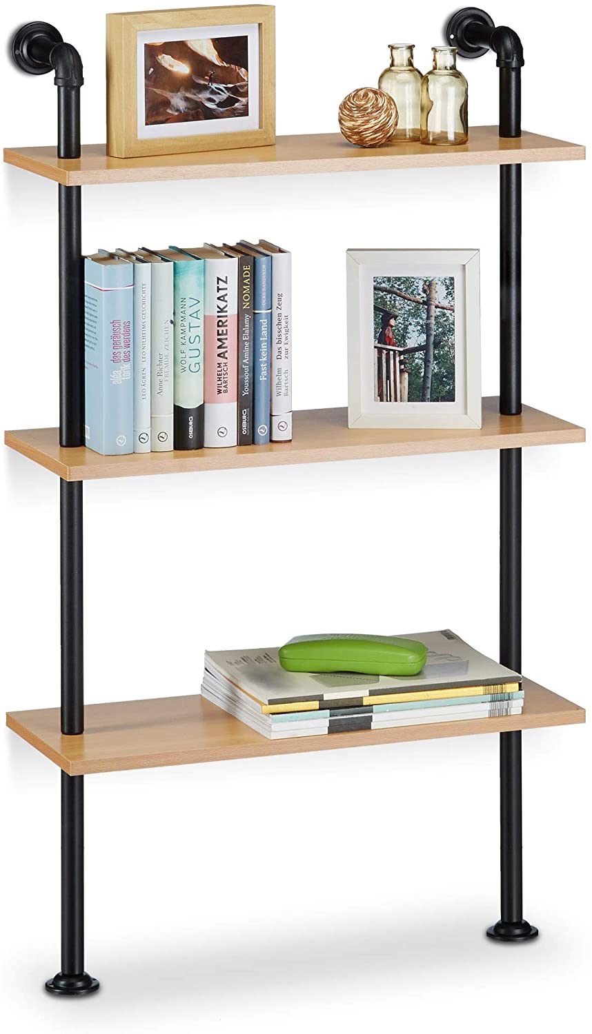 Relaxdays Librería, Tres estantes, Industrial, Moderna, Vintage, Retro