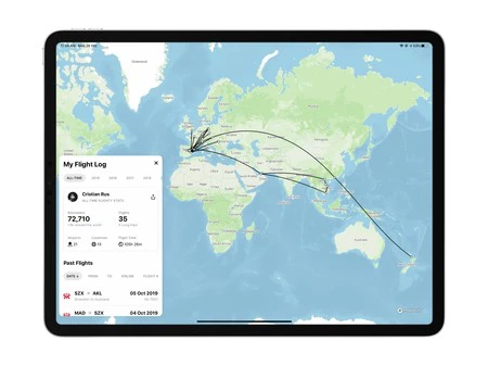 フライト履歴を表示する iPad 上の Flighty。