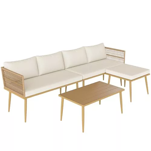 Outsunny Conjunto de Jardín Exterior de Ratán Sintético de 4 Piezas Muebles de Jardín Exterior Sofá Esquinero Incluye 2 Sofás de 2 Plazas 1 Reposapiés 1 Mesa de Centro con Cojines Natural