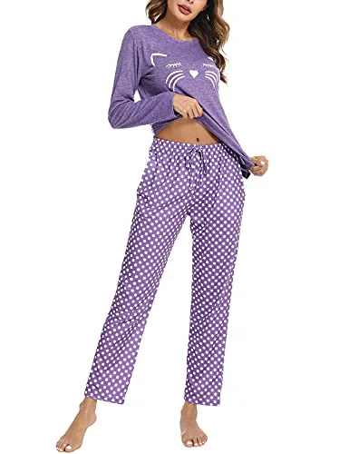 Uniexcosm Pijamas Mujer Gato de Manga Larga Algodon - Ropa de Casa Dormir Estampado Cuello Redondo 2 Piezas Suave Casual - Púrpura XL