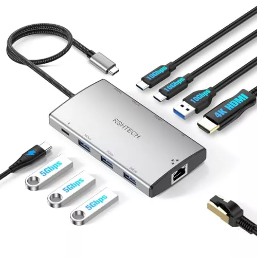 RSHTECH Hub USB C 10Gbps, 9-en-1 USB C Multiport Adapter con Gigabit Ethernet, 4K HDMI, 3X USB3.2 Ports, 3X USB3.0 and 100W PD, USBC Dock for Laptops with Type-C/Thunderbolt Port, RSH-T09