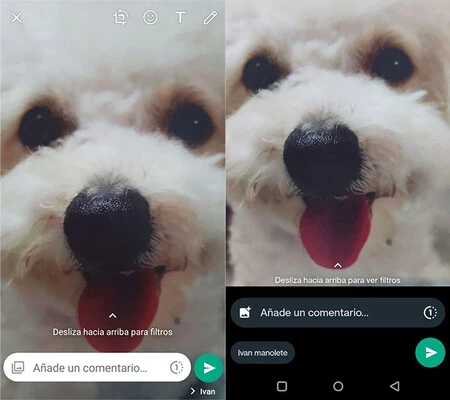 WhatsApp の通常バージョン (左) とベータ版 (右) で写真を送信する前の手順