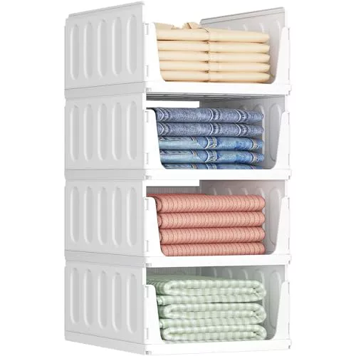 Lifewit Organizador de Armario Ropa, 4 Pack Baldas Apilables Interiores, Cajonera de Almacenaje para Camisetas y Pantalones, Contenedores Extensibles para Baño, Cocina y Camping, 24L, Blanco