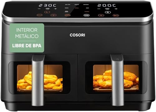 Cosori Freidora de Aire Grande con Doble Cesta 8,5L Air Fryer, Alta Pontencia y Velocidad, Max 8-10 Personas, 10 Funciones, Acero Inox Interior con Fianza, Más Sano, Panel Táctil Intuitivo, Limpiable