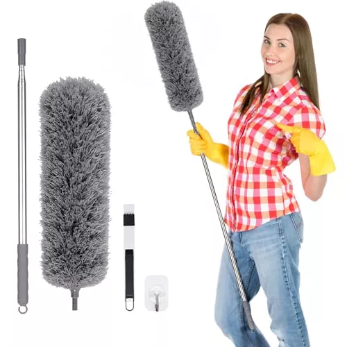 Oamwrae Plumero Atrapapolvo, Plumero Extensible hasta 280 cm, [Atrae el Polvo y Lavable] Plumero Microfibra con Cepillo para Limpiar Ranuras, para Techos, Coches, Limpieza del Hogar