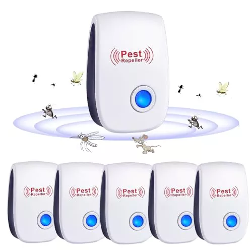 RUTIDA Repelente Ultrasónico de Plagas, 6 Piezas Repelente ultrasónico de Mosquitos y Control electrónico Anti Moscas, Ratones, Cucarachas, Arañas, Roedores,Inodoro y Sin Residuos,Uso Interior