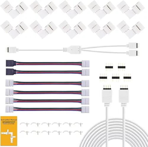 REDTRON Conector de tira LED RGB de 10mm que incluye 10x conectores en forma de L, Cable divisor de 2 vías, 4x puentes conectores de tiras, 4 pines conector kit [Clase de eficiencia energética A]