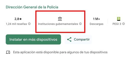 Indicativo en Google Play de que una app gubernamental es auténtica
