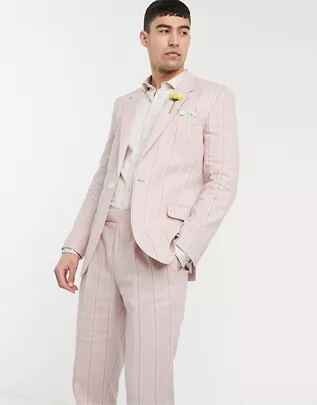 Chaqueta de traje de corte slim de algodón elástico y lino a rayas blancas y rosas de ASOS DESIGN wedding