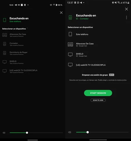 左は、無料アカウントを通じてデバイスで共有します。そう、Spotify プレミアム