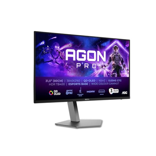 AOC AGON PRO AG326UD Monitor Gaming 32" UHD, 165Hz, QD-OLED, 0.03 ms GtG, HDR400 TrueBlack, Adaptive Sync., G-Sync Compat, Altavoces, Altura ajustable (3840x2160, 2x HDMI 2.1, 1x DP 1.4, USB-Hub) Gris