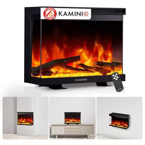 KAMINIO Eléctrica Chimenea Lea - Chimenea eléctrica 3 en 1 con Vista panorámica, calefacción, Efecto de Llama 3D, 12 Colores de Llama (30 Pulgadas)