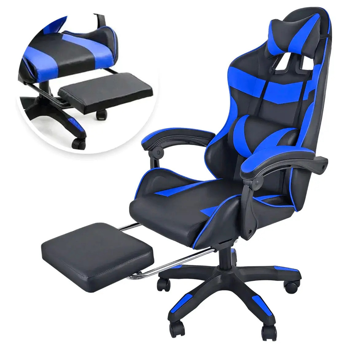 Silla Gamer Ergonomica Giratoria Reclinable Azul Vinil