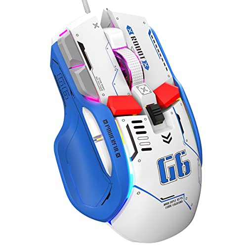 Mouse Gamer, EASYTAO Ratones Alambrico Silenciosos Ergonómico, 6 Niveles de dpi(200-12800 dpi), 11 Modos de Iluminación RGB, 10 Botones Programables, 1.75m de Alambre (Azul y Blanco)