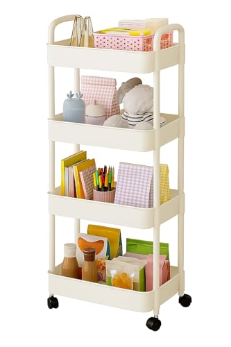 Genérico Carrito Organizador con Ruedas, 4 Niveles, Plástico Blanco, 92 x 32 x 21 cm, para Baño, Cocina, Habitación, Carrito Auxiliar Multiusos, Organizador de Plástico