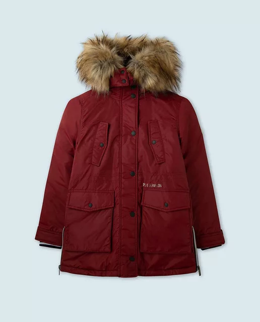 PARKA DE NIÑA COLOR BURDEOS CAPUCHA Y PELO DESMONTABLE