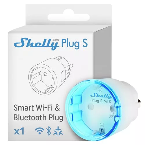 Shelly Plug S MTR Gen3- Blanco, Enchufe Inteligente Wi-Fi con Matter, Con Medidor de Consumo y Indicador LED, Control Remoto por App y por Voz, Alexa, Google Home,SmartThings