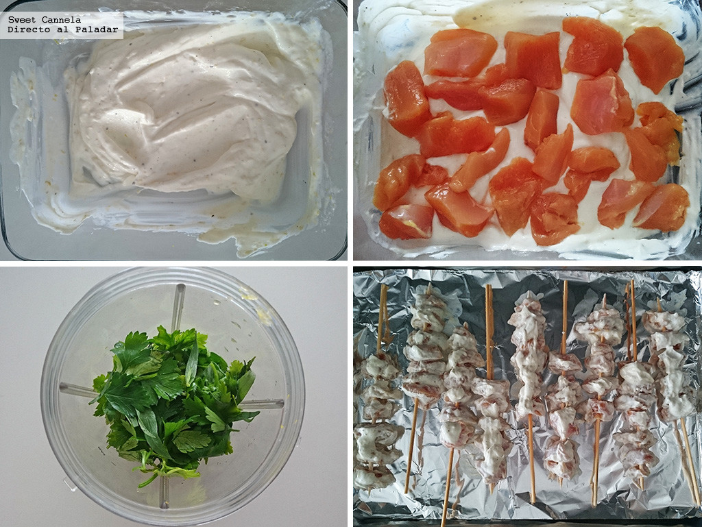 Kebabs de pollo con yogurt y salsa verde. Receta