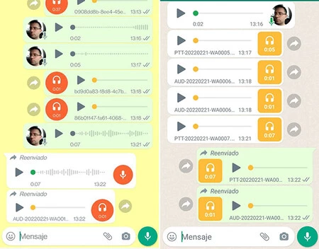 WhatsApp ベータ版 (左) と安定版 (右) のボイスメモとオーディオ ファイル