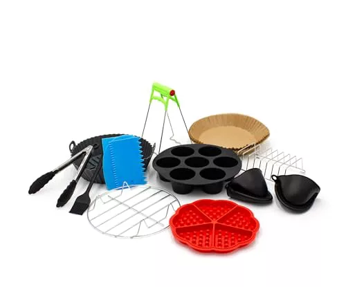 CLOEN Accesorios freidora de Aire, Compatible con Air Fryer, Philips, Ninja, Cosori, Moulinex, Tefal, Cecotec. Incluye 13 Accesorios, Bandeja de Silicone, Pinzas, 100 Piezas de Papel y Mucho más.