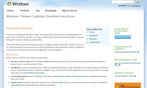 Windows 7 descarga Release Candidate