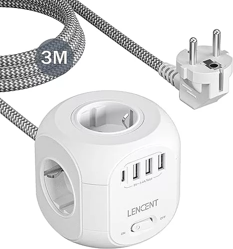 LENCENT Cubo Regleta Enchufes 3M con 4 Tomas de CA, 3 USB y 1 Tipo C