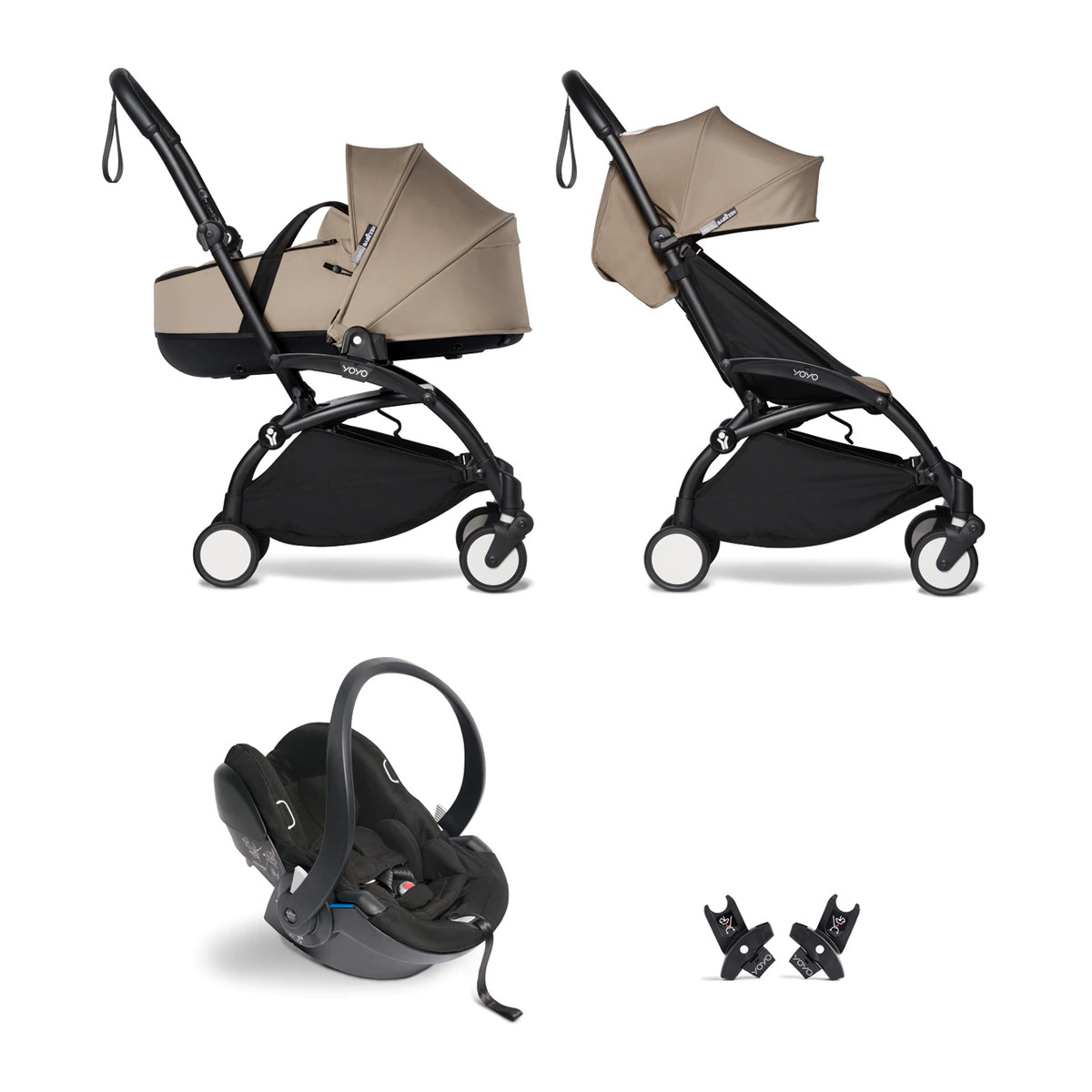 Carro de bebé trío Babyzen Yoyo 2 Chasis negro, Capazo Bassinet, Car Seat by BeSafe y Asiento 6+ Taupé beige/negro