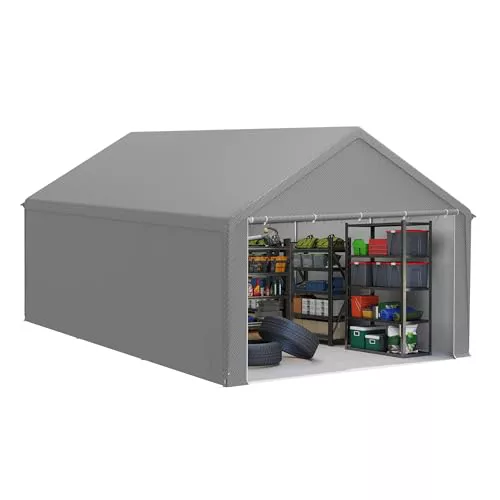 FIVMEN Cobertizo de jardín de 24 m³, de polietileno, con paredes laterales extraíbles, resistente al invierno, para garaje, herramientas de jardín, moto, bicicleta, color gris