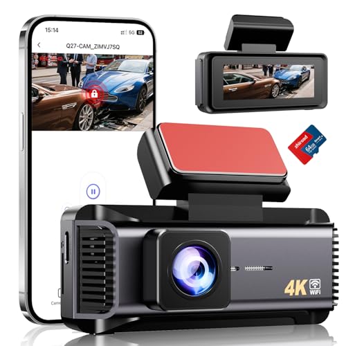 Dashcam, 4K WiFi Dash CAM Coche, Camara Coche con Pantalla IPS de 2.99", Camara Coche Grabadora con Tarjeta 64G, Super Visión, Gran 170°, Sensor G, App, Monitor de Aparcamiento, Grabación de Bucle