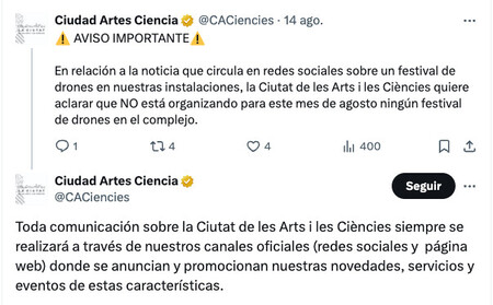 Ciudad Artes Ciencia avisou que não estava organizando nenhum evento nas suas premissas, mas foi ignorada | Imagem: Reprodução