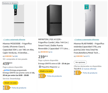 Si buscas "frigoríficos" en Amazon (realmente en cualquier ecommerce), el etiquetado energético se ve así. A partir de ahora, cuando busquemos un móvil deberíamos ver lo mismo | Imagen: Xataka