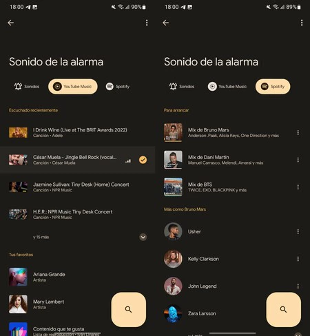 YouTube Music (左、プレミアム) と Spotify (右、無料アカウント) でアラームとして曲を選択する