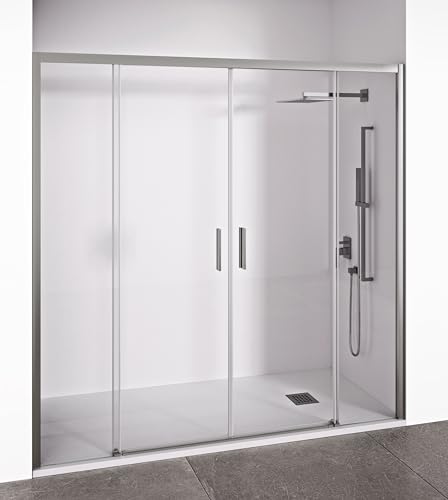 Mampara de ducha frontal 2 hojas correderas + 2 fijos sin perfilería inferior - Transparente - Cristal templado 6 mm - Perfilería Plata Brillo - Ancho adaptable 160-165 cm - Alto 195 cm - EIRE