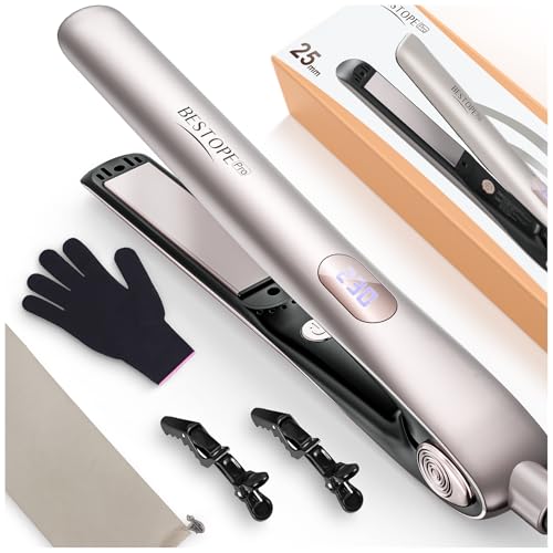 Planchas del Pelo Con Pantalla Digital - Plancha de Pelo Profesional, Tecnología Iónica Anti Frizz, Placas Flotantes Extralargas, Calentamiento Rápido, 5 Ajustes de 120°C a 230°C (Champán)