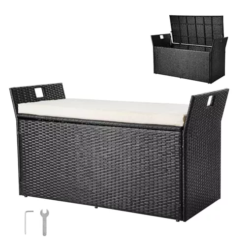 VEVOR Banco de Almacenamiento de Ratán Sintético Baúl de 125 x 55 x 70 cm con Cojín y Asas Laterales Asiento Cómodo para 2 Personas Soporta hasta 362,9 kg para Exterior, Jardín, Balcón, Patio