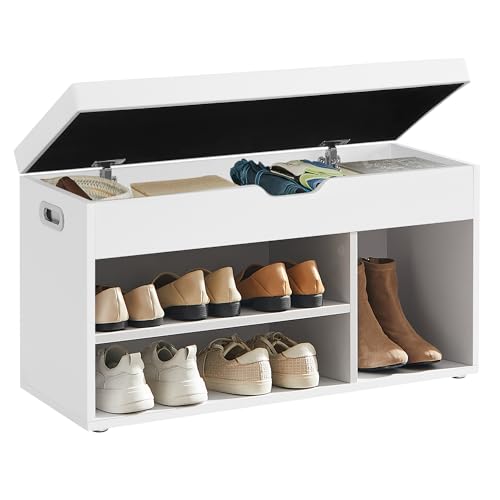 VASAGLE Banco Zapatero con Cojín, Banco de Almacenamiento, 3 Compartimentos, Almacenamiento Oculto, Estantes, Sala de Estar, Pasillo, Dormitorio, Carga 136 kg, Blanco Nube LHS30W