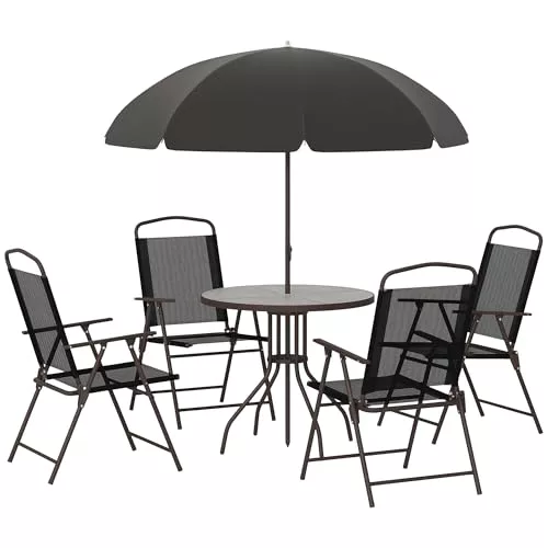 Outsunny Conjunto de Muebles para Jardín con 4 Sillas 1 Mesa y 1 Parasol Texteline Aluminio y Poliéster Negro
