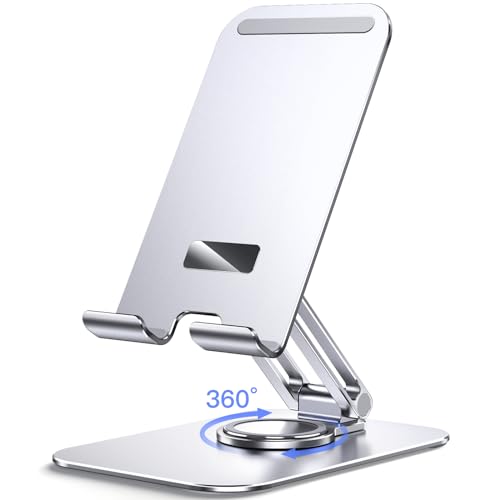 JETech Soporte Tablet, Soporte de Escritorio Giratorio Ajustable con Base Giratoria de 360 Grados, Cuna Plegable para iPad/iPad Pro/Air/Mini, Galaxy Tab A8/A7 Lite/A7/S8/S7, Tab/Phones(4-13"), Plata