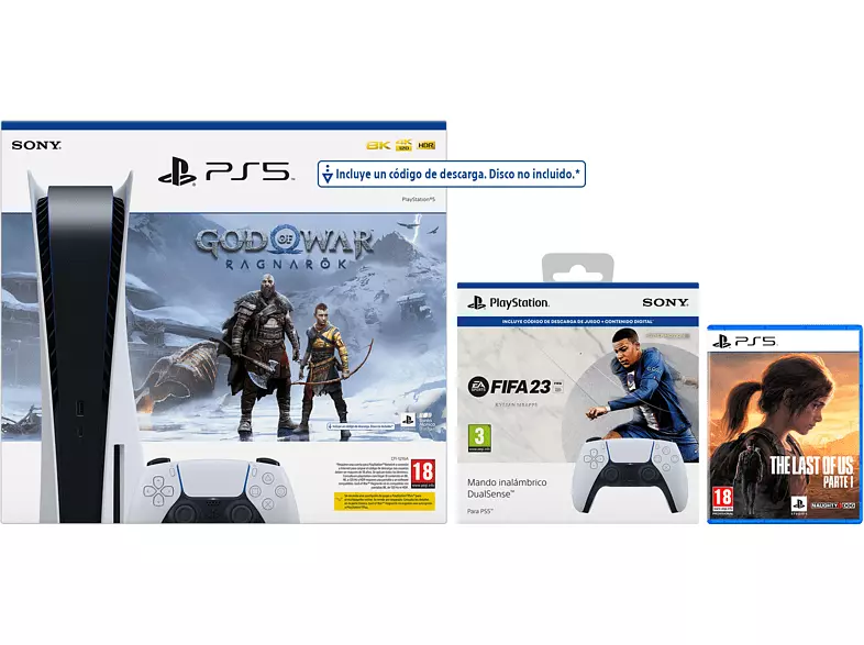 Consola - Sony PS5 Stand C, 825 GB (2 Mandos DualSense™ incluidos) + God Of War: Ragnarok (descarga) + FIFA 23 (descarga) + The Last Of Us: Part I