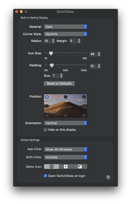 SwitchGlass 設定を使用してキャプチャします。ここでは、アプリ バーのさまざまな側面を指定できます。