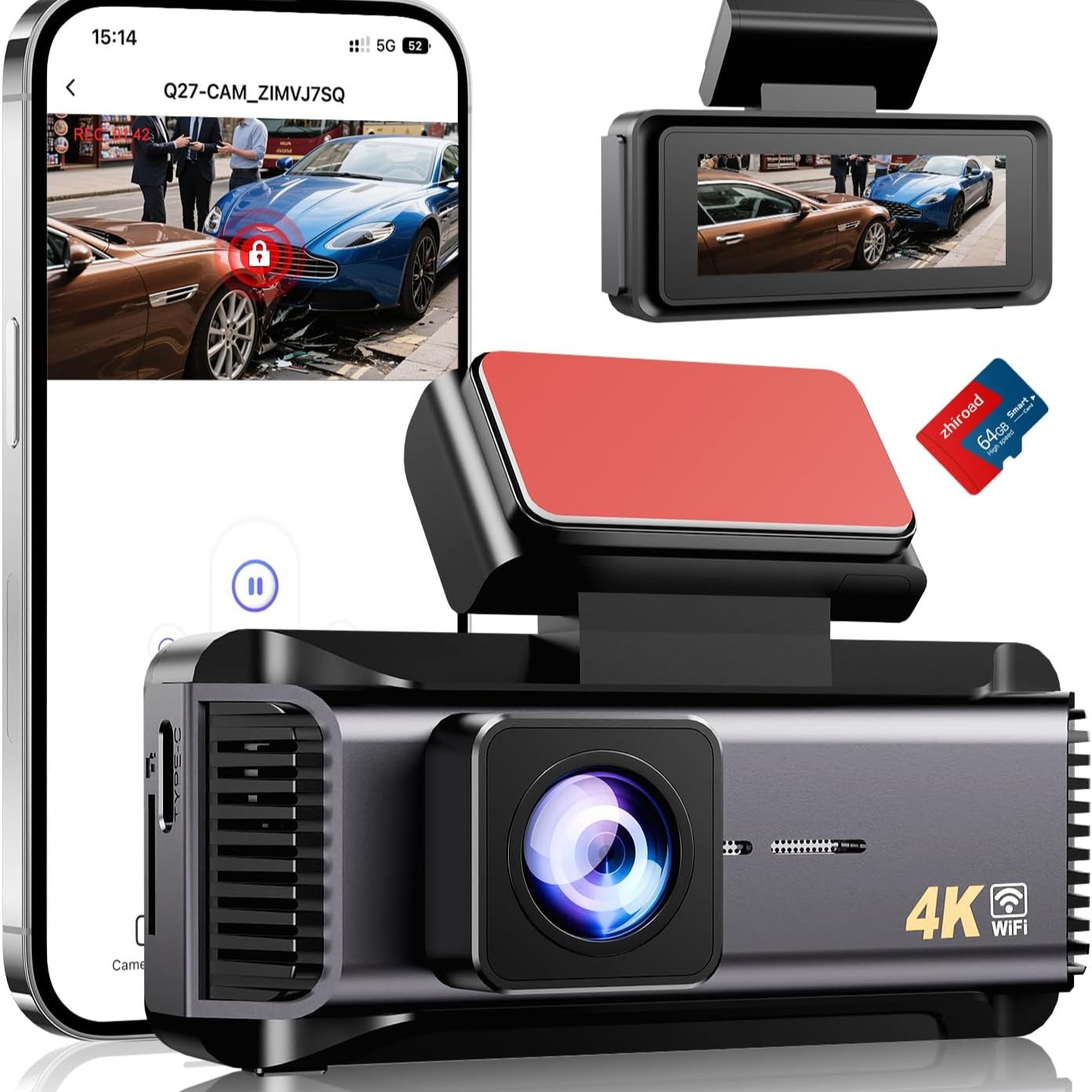 Dashcam, 4K WiFi Dash CAM Coche, Camara Coche con Pantalla IPS de 2.99", Camara Coche Grabadora con Tarjeta 64G, Super Visión, Gran 170°, Sensor G, App