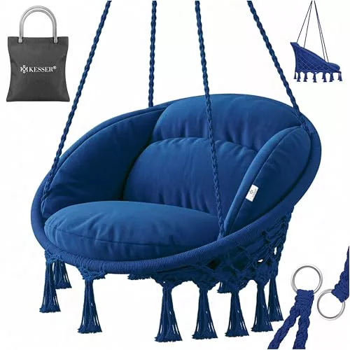 KESSER® Silla Colgante 150kg con 2 Anillas de Acero Cojín Trenzado Flecos Hamaca Columpio Cesta Colgante Jardín Interior Resistente a la Intemperie e Impermeable, Azul Marino