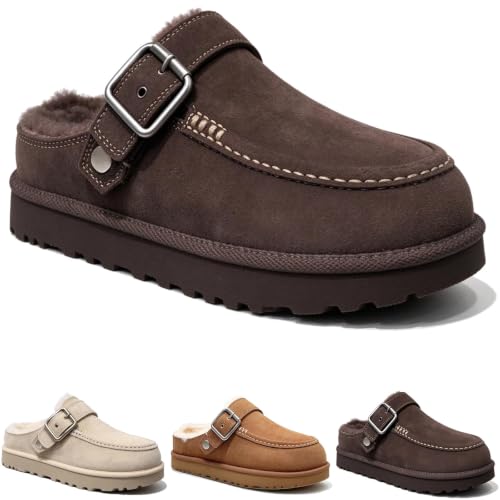 Zuecos de moda para mujer, tipo slip-on y de imitación de ante (Coffee,40) | Zuecos tipo slip-on modernos y cómodos para interiores y exteriores: ligeros, con suave forro de felpa y hebilla ajustable.