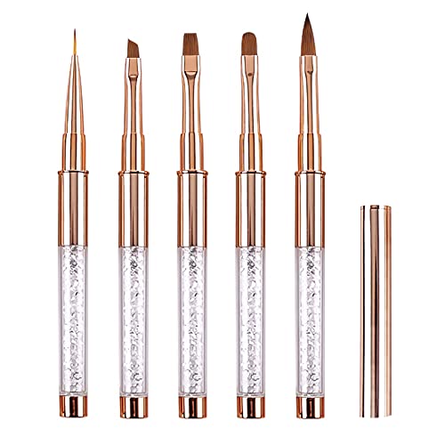 5 Pinceles para Uñas de Gel con Tapa Decoracion Nail Art Fino Acrilicas Profesional, LEA-SHALL Pincel Semipermanente Línea/Plano/Redondo/Acrilicas/Angular Kit Manicura Set Pintura Oro Rosa