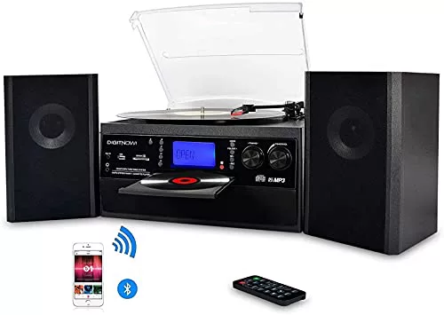 DIGITNOW! Tocadiscos para vinilos, Apto para CD, Casete, Radio Am/FM, Entrada Auxiliar, Puerto USB y codificación SD, con Mando a Distancia, Bluetooth y Altavoces estéreo Independientes