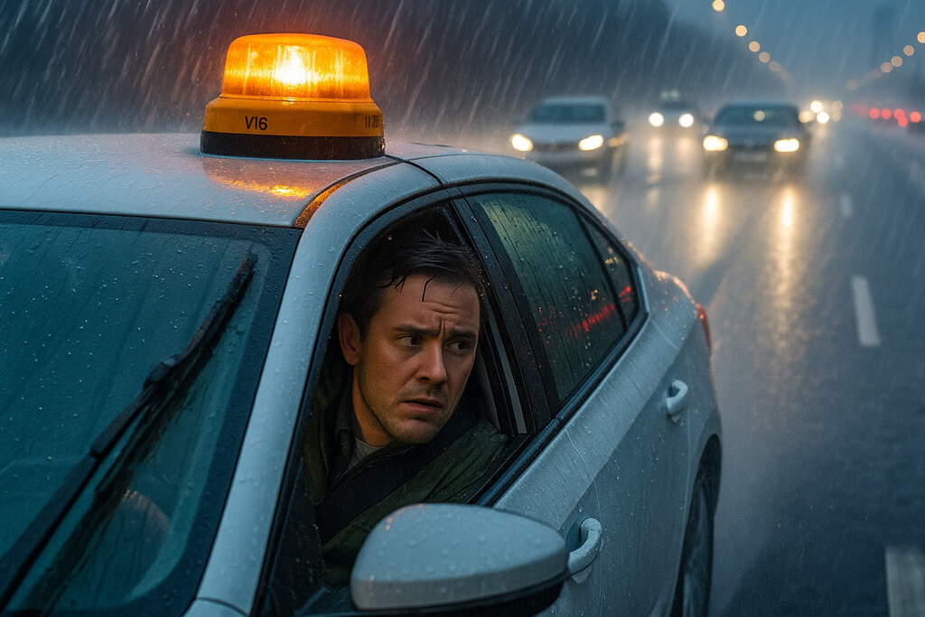 Frente a una borrasca, echarte a un lado con el coche y activar la baliza V16 parece una buena idea. 30.000 euros dicen lo contrario 