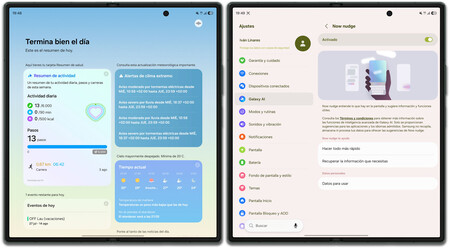 Izquierda, el informe diario generado con IA (Now Brief); derecha, configuración de la ayuda proactiva en pantalla (Now Nudge)