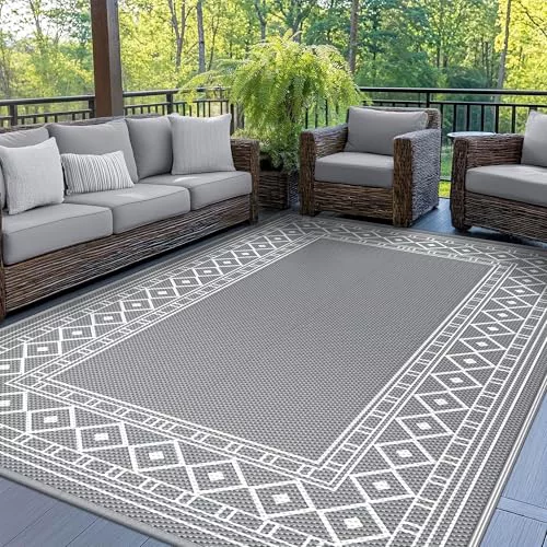 GENIMO Alfombra Exterior Terraza,Impermeable Reversible Plástico, Alfombra Barbacoa Exterior para Jardín, Picnic, Balcón,Vintage Gris Blanco,150x240 cm