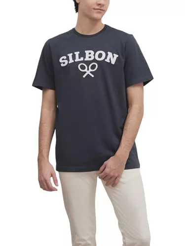 SILBON Camiseta Raqueta Media Azul Marino Manga Corta para Hombre Talla XL